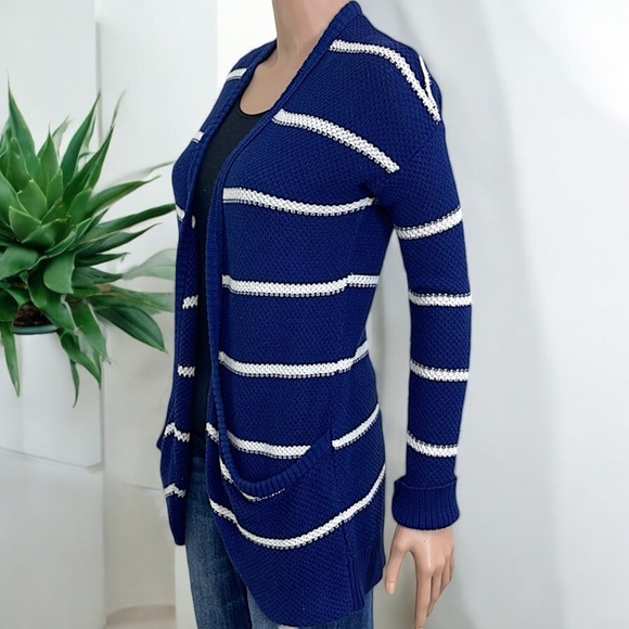 American Eagle Outfitters Nautical Navy & White Striped Open Front Knit Cardigan - Picture 6 of 16